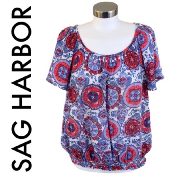 Sag Harbor Tops - SAG HARBOR BLUE WHITE RED FLORAL TOP SIZE XLARGE